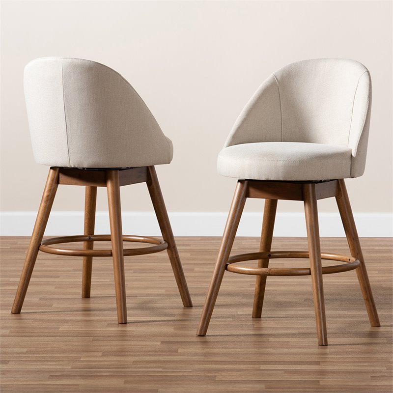 Baxton Carra Light Beige Upholstered Swivel Counter Stool in Walnut Set of 2