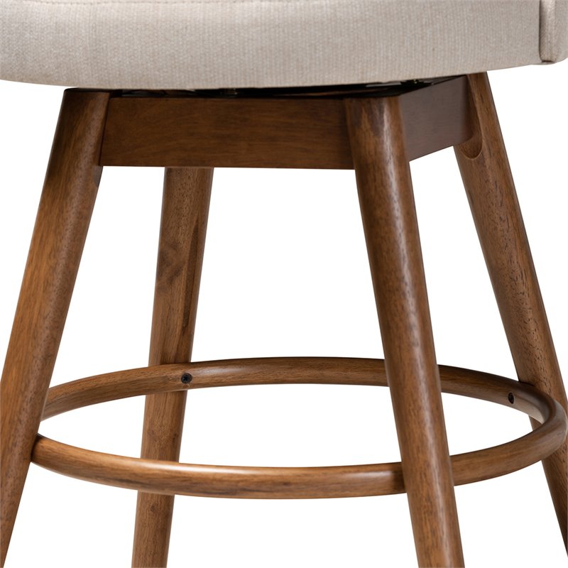 Baxton Carra Light Beige Upholstered Swivel Counter Stool in Walnut Set of 2