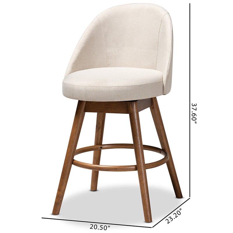 Baxton Carra Light Beige Upholstered Swivel Counter Stool in Walnut Set of 2