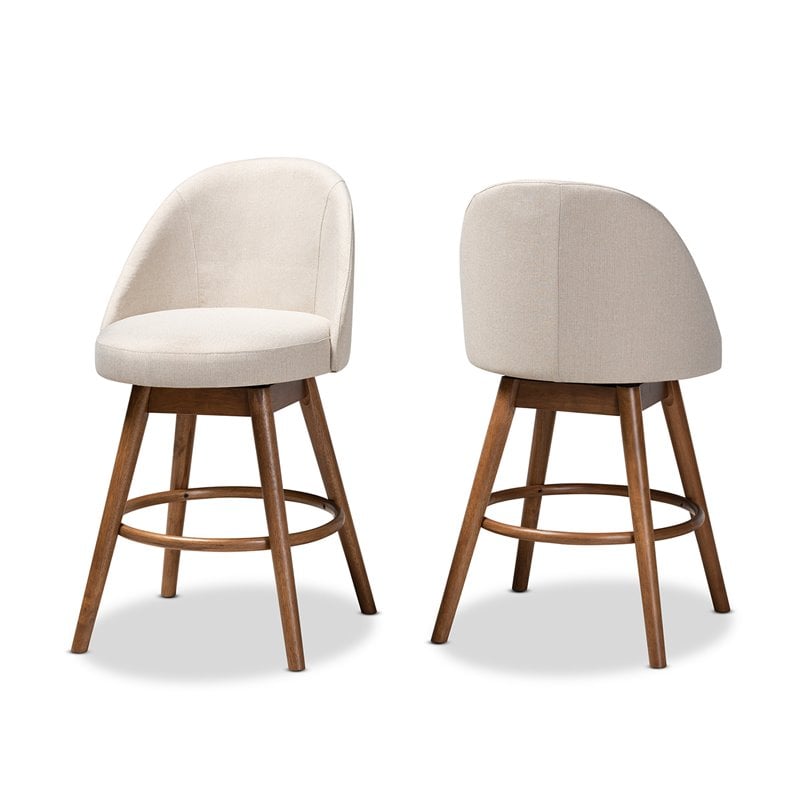 Baxton Carra Light Beige Upholstered Swivel Counter Stool in Walnut Set of 2
