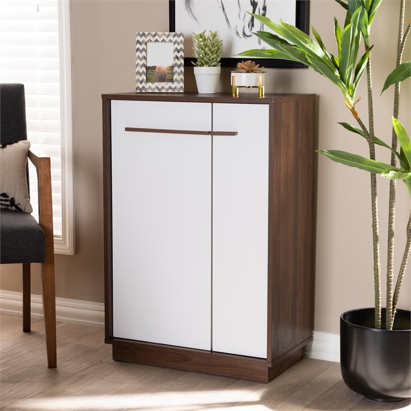 Baxton Studio Mid-Century Mette Wood Shoe Cabinet in White and Walnut