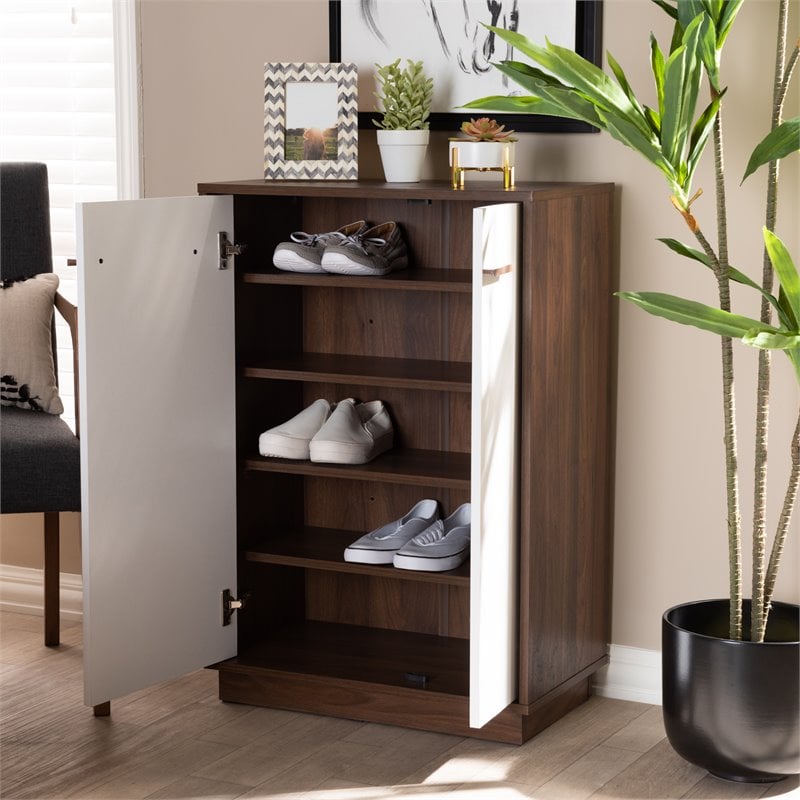 Baxton Studio Mid-Century Mette Wood Shoe Cabinet in White and Walnut