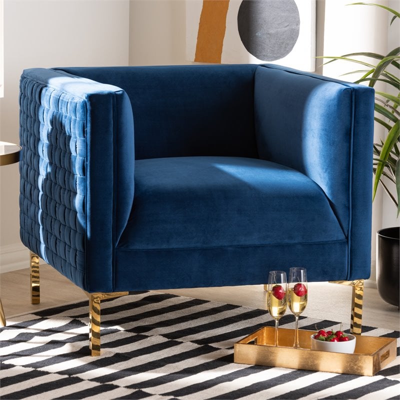 Baxton Studio Seraphin Navy Blue Velvet Gold Finished Armchair