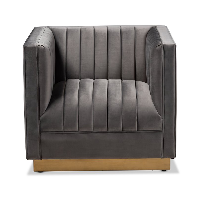 Baxton Studio Aveline Grey Velvet Gold Finished Armchair