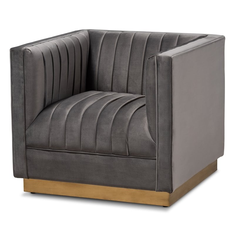 Baxton Studio Aveline Grey Velvet Gold Finished Armchair