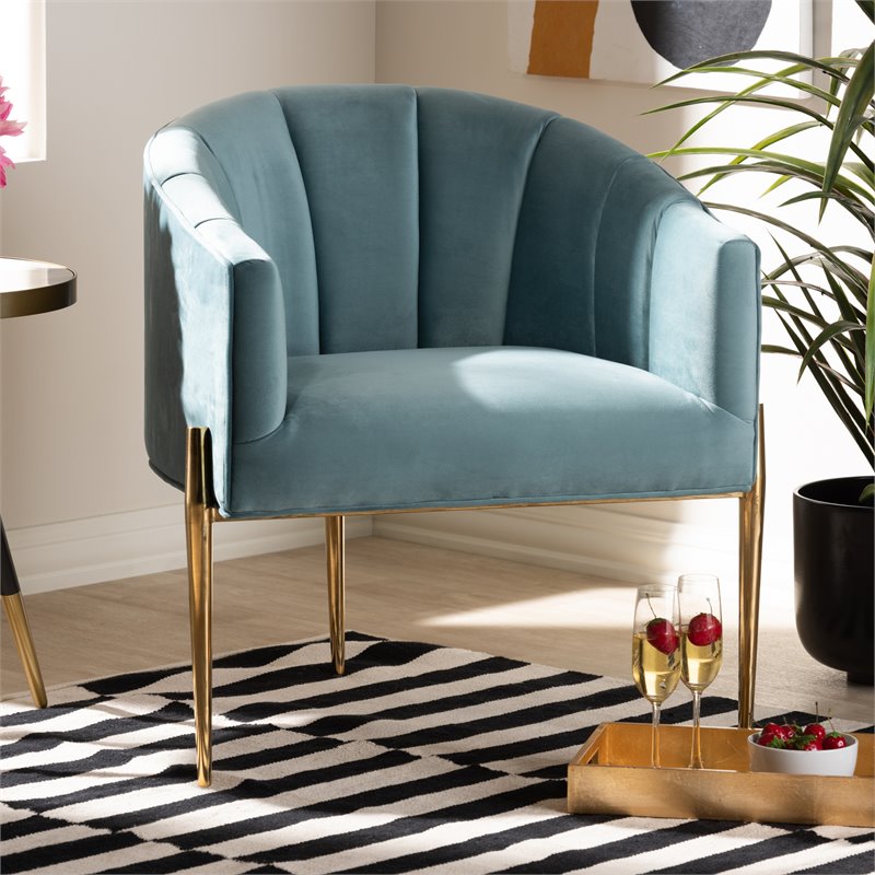 Baxton Studio Clarisse Light Blue Velvet Gold Finished Accent Chair