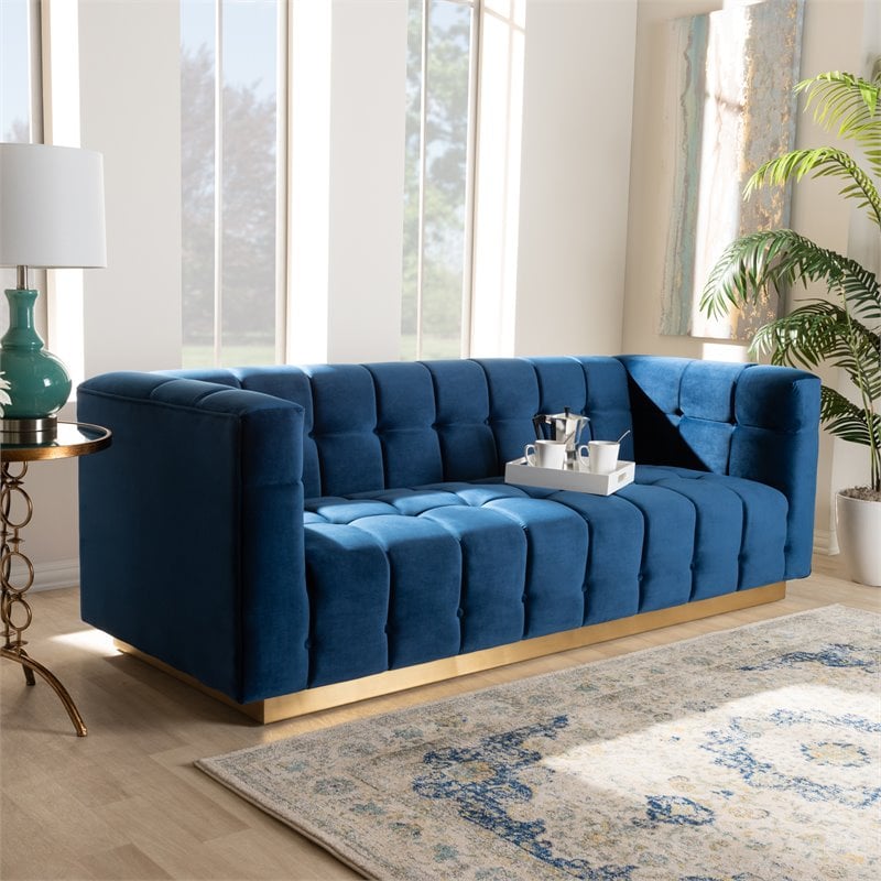 Baxton Studio Modern Loreto Velvet and Gold Finish Sofa in Navy Blue
