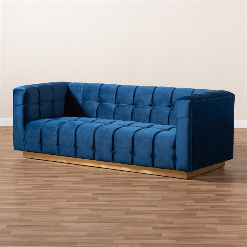 Baxton Studio Modern Loreto Velvet and Gold Finish Sofa in Navy Blue