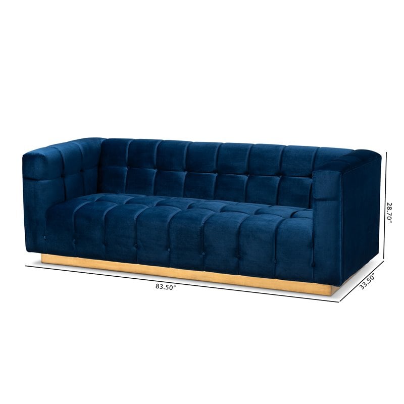 Baxton Studio Modern Loreto Velvet and Gold Finish Sofa in Navy Blue