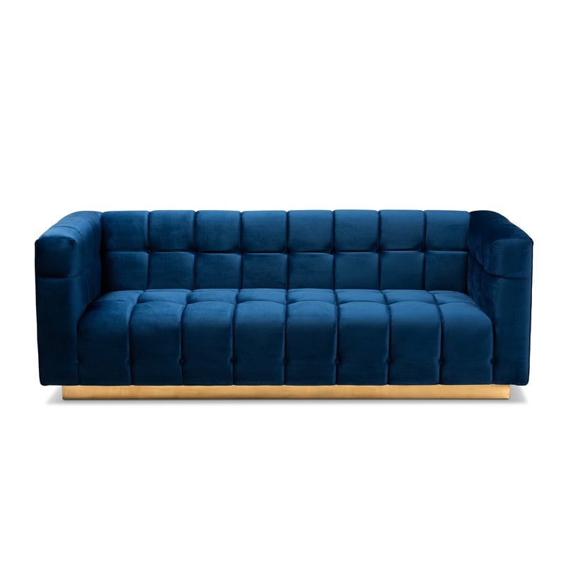 Baxton Studio Modern Loreto Velvet and Gold Finish Sofa in Navy Blue