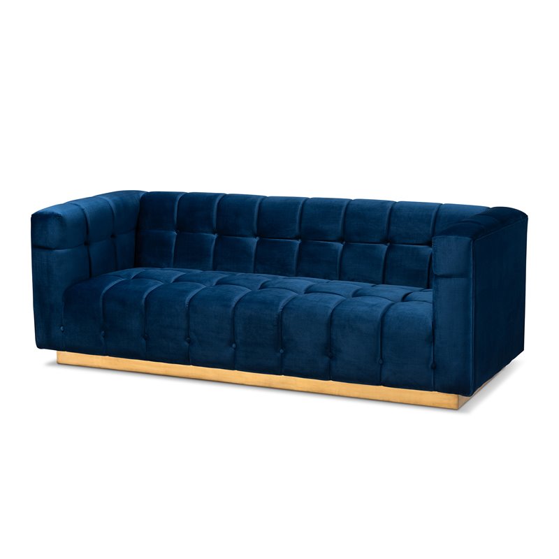 Baxton Studio Modern Loreto Velvet and Gold Finish Sofa in Navy