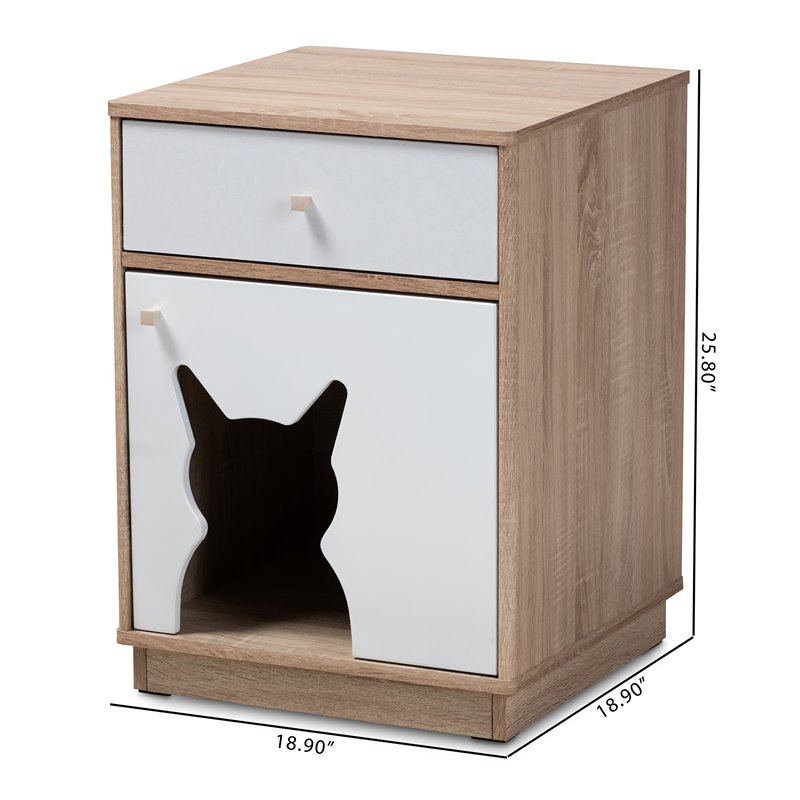 Baxton Studio Engel 1 Door Wood Cat Cover House in Oak and White