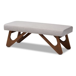 baxton studio rika greyish beige upholstered walnut brown boomerang bench