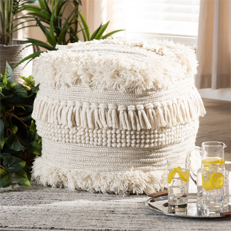 Baxton Studio Bartow Beige Handwoven Cotton Pouf Ottoman