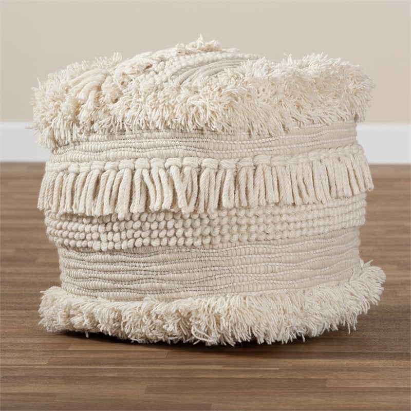 Baxton Studio Bartow Beige Handwoven Cotton Pouf Ottoman