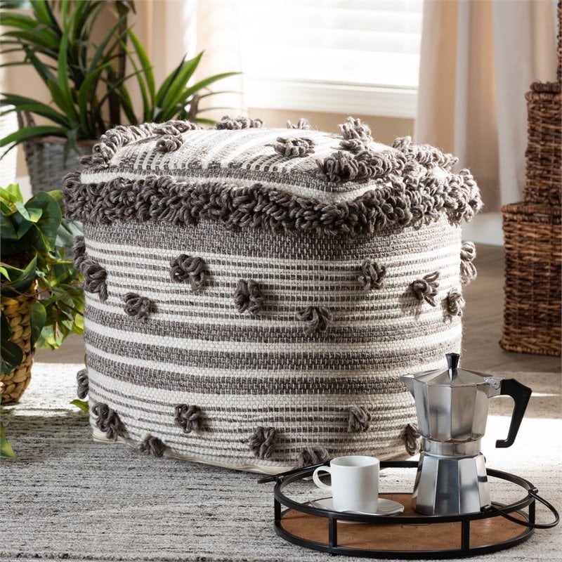 Baxton Studio Eligah Ivory and Brown Handwoven Wool Pouf Ottoman