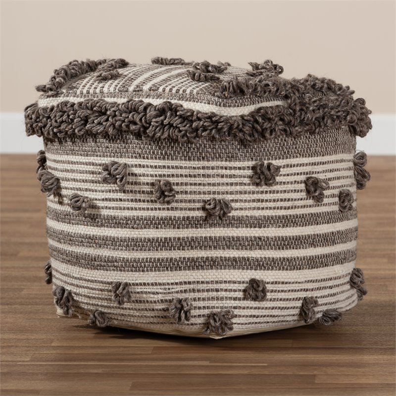 Baxton Studio Eligah Ivory and Brown Handwoven Wool Pouf Ottoman