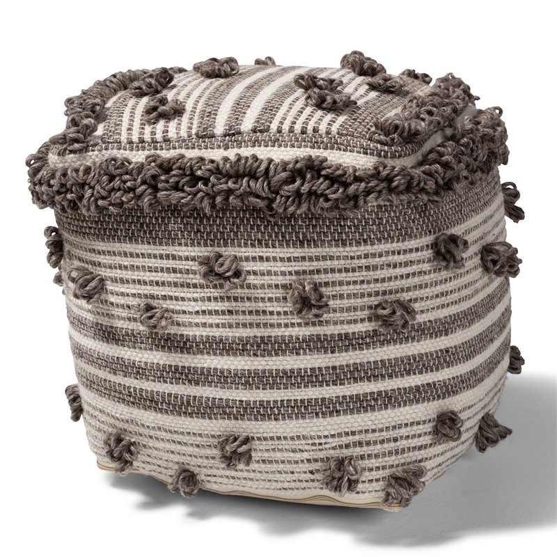 Baxton Studio Eligah Ivory and Brown Handwoven Wool Pouf Ottoman
