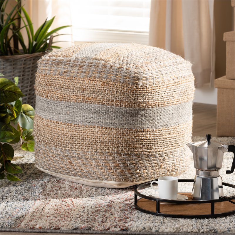 Baxton Studio Grange Natural and Grey Handwoven Hemp Pouf Ottoman