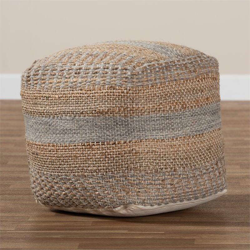 Baxton Studio Grange Natural and Grey Handwoven Hemp Pouf Ottoman