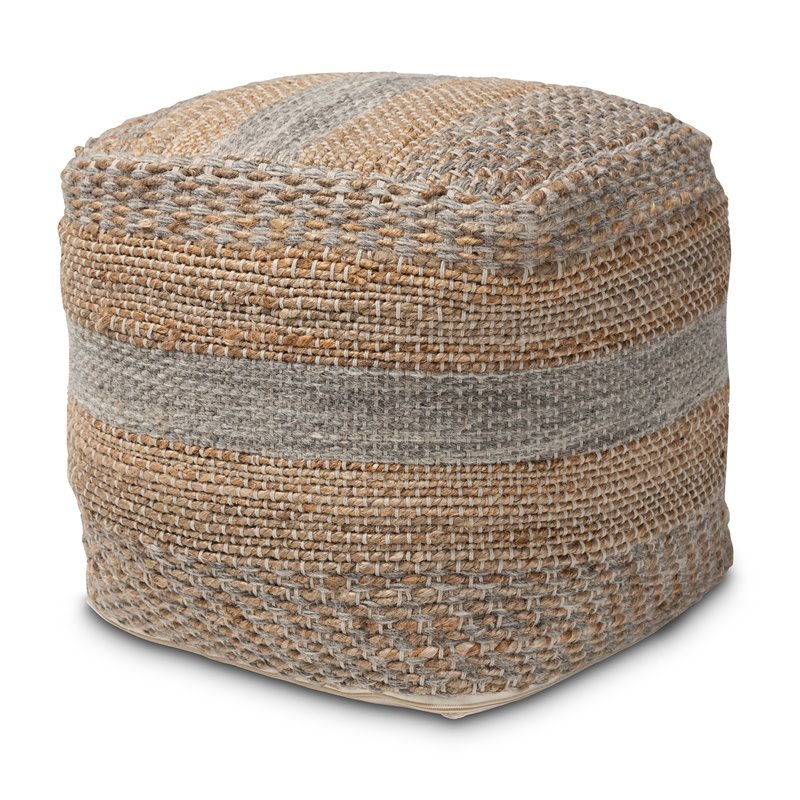 Baxton Studio Grange Natural and Grey Handwoven Hemp Pouf Ottoman