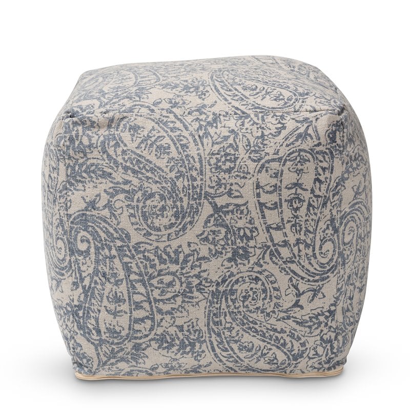 Baxton Studio Juvita Grey and Blue Handwoven Cotton Paisley Pouf Ottoman