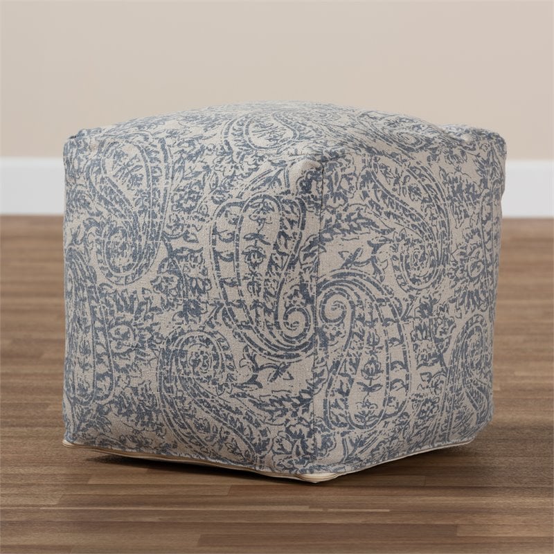 Baxton Studio Juvita Grey and Blue Handwoven Cotton Paisley Pouf Ottoman
