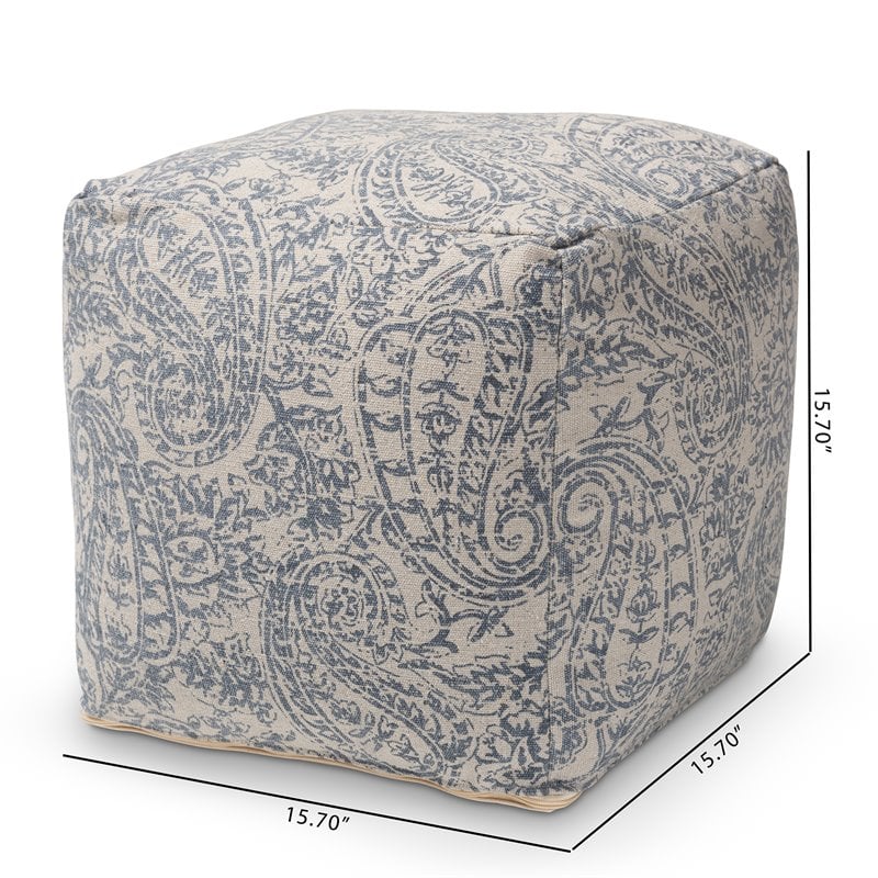 Baxton Studio Juvita Grey and Blue Handwoven Cotton Paisley Pouf Ottoman
