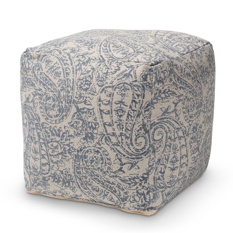 Baxton Studio Juvita Grey and Blue Handwoven Cotton Paisley Pouf Ottoman