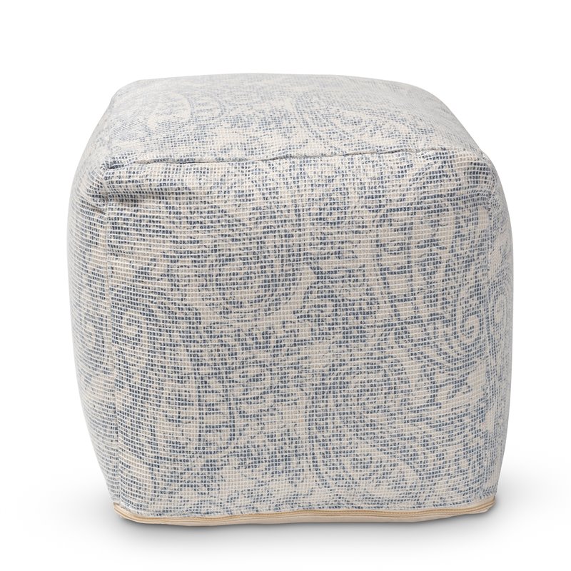 Baxton Studio Juvita Ivory and Blue Handwoven Cotton Paisley Pouf Ottoman