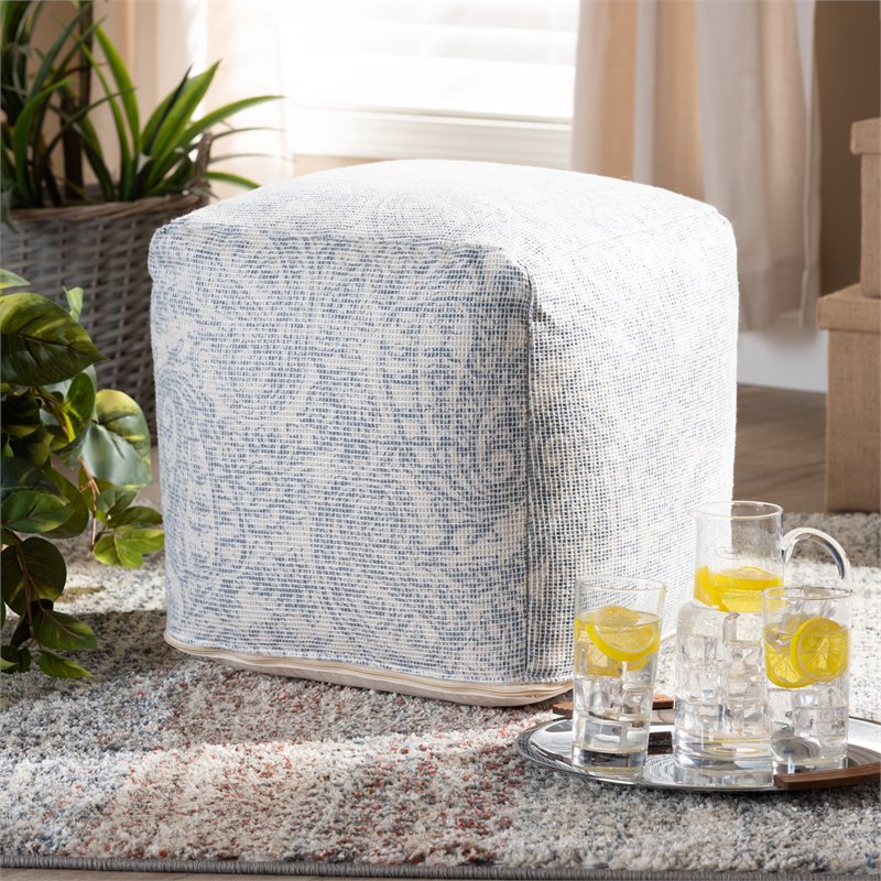 Baxton Studio Juvita Ivory and Blue Handwoven Cotton Paisley Pouf Ottoman