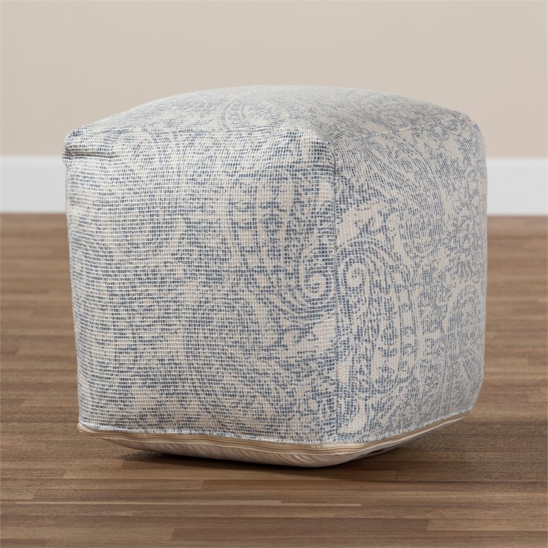 Baxton Studio Juvita Ivory and Blue Handwoven Cotton Paisley Pouf Ottoman