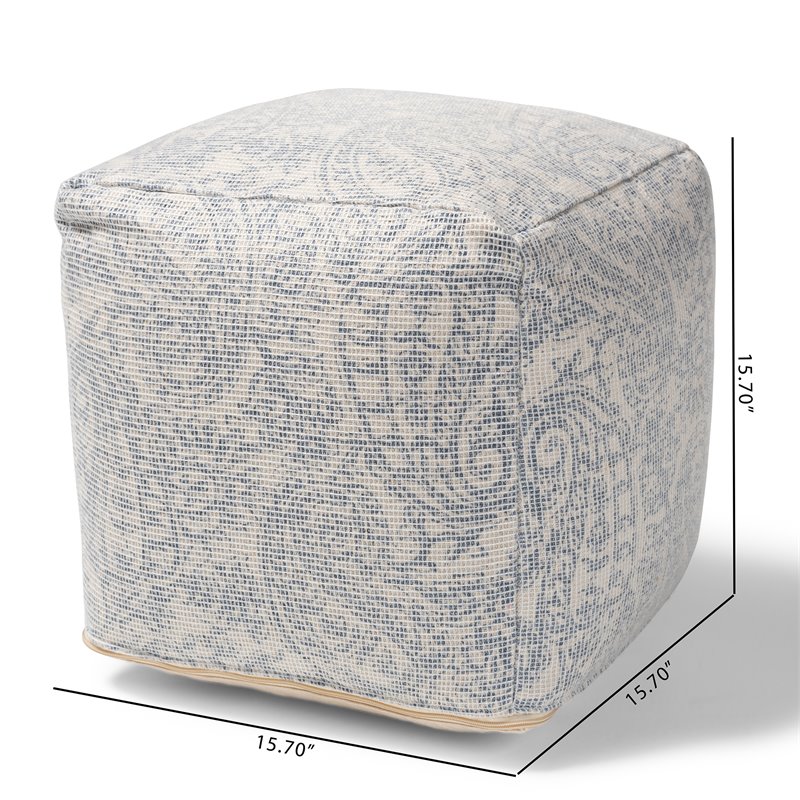 Baxton Studio Juvita Ivory and Blue Handwoven Cotton Paisley Pouf Ottoman