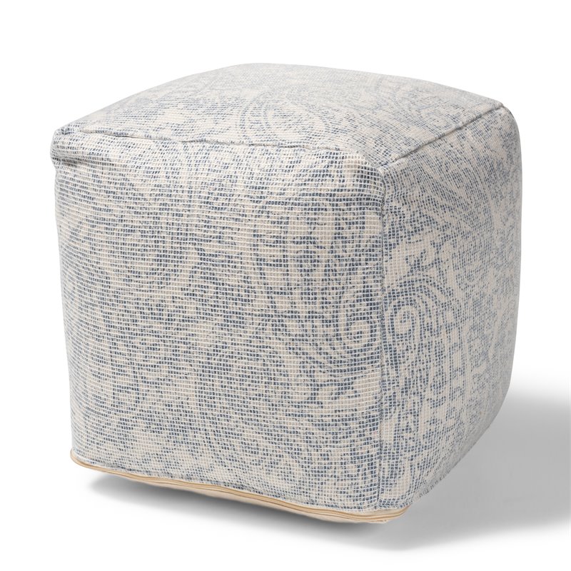Baxton Studio Juvita Ivory and Blue Handwoven Cotton Paisley Pouf Ottoman
