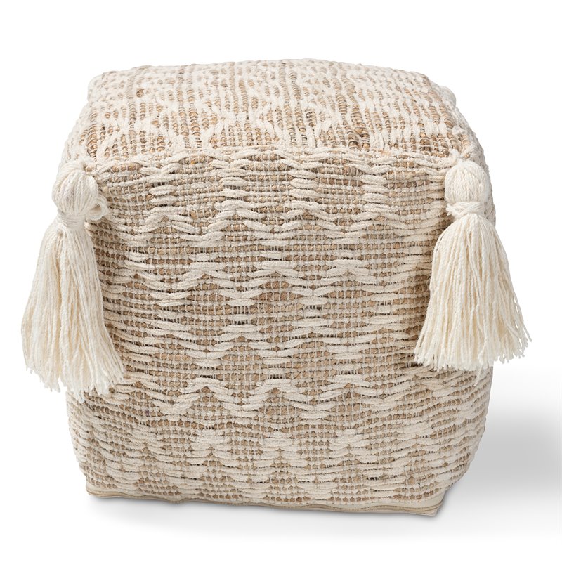 Baxton Studio Noland Natural and Ivory Handwoven Cotton and Hemp Pouf Ottoman