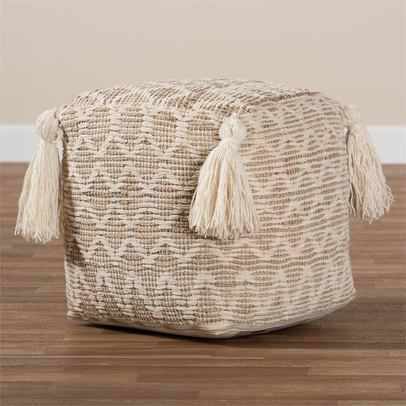 Baxton Studio Noland Natural and Ivory Handwoven Cotton and Hemp Pouf Ottoman