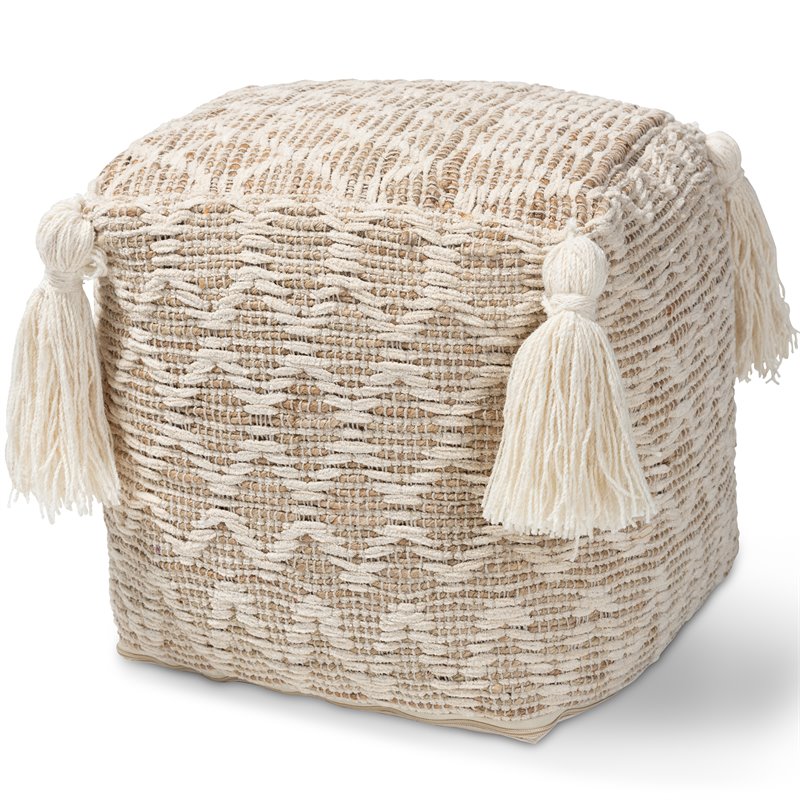 Baxton Studio Noland Natural and Ivory Handwoven Cotton and Hemp Pouf Ottoman