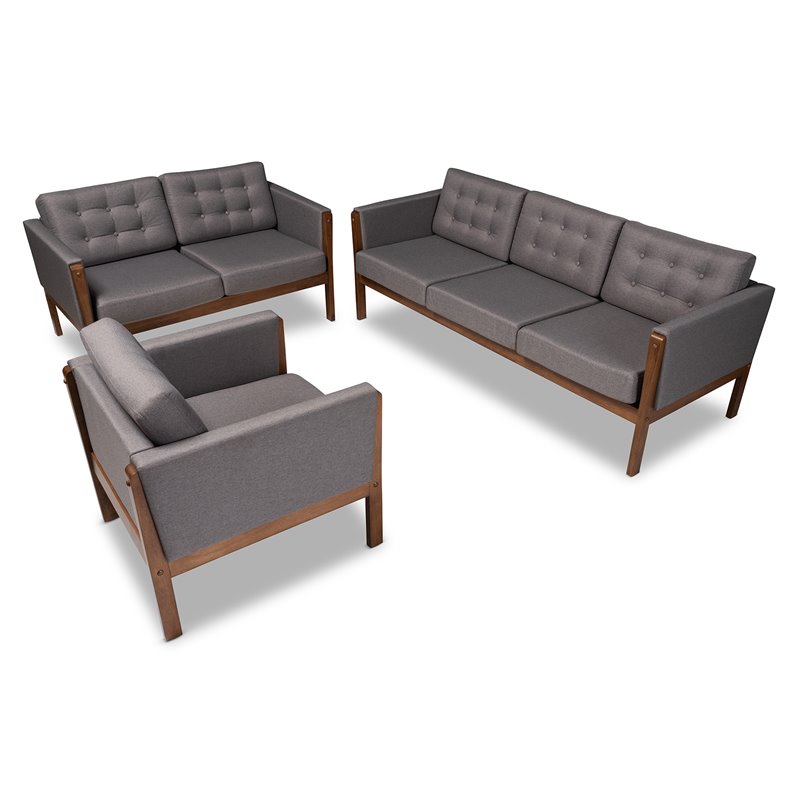 Baxton Studio Lenne Grey Upholstered Walnut 3 Piece Living Room Set