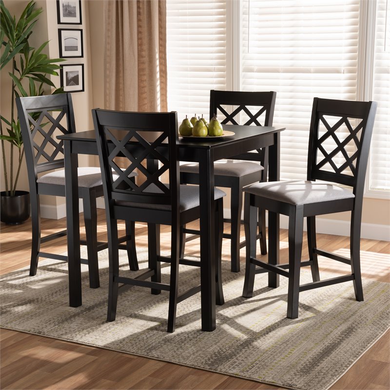 Baxton Studio Alora Grey Upholstered Espresso Wood 5-Piece Pub Set