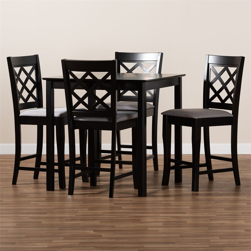 Baxton Studio Alora Grey Upholstered Espresso Wood 5-Piece Pub Set
