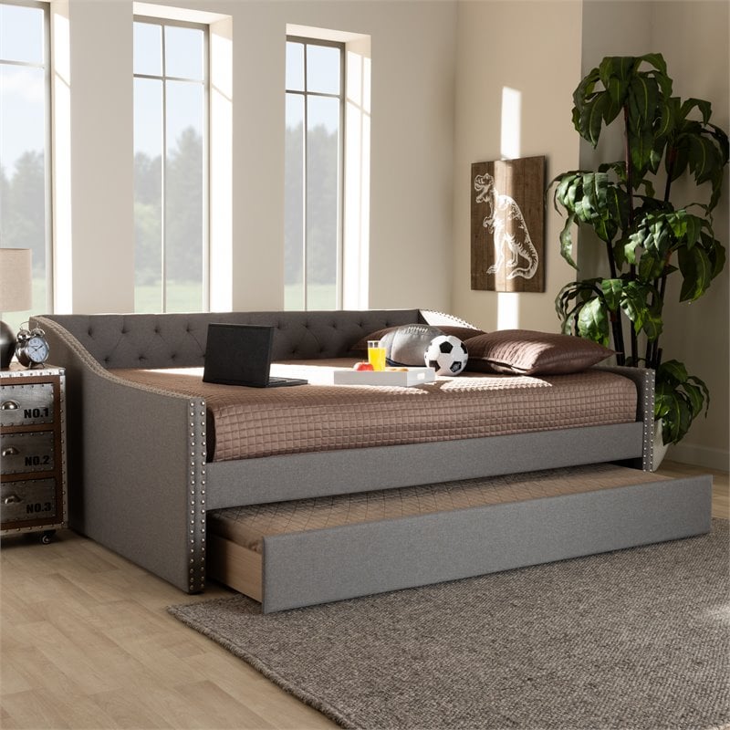 Baxton Studio Haylie Full Size Light Grey Upholstered Daybed with Trundle