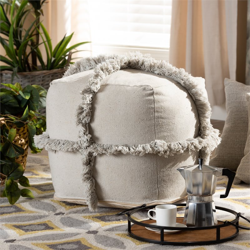 Baxton Studio Alfro Grey Handwoven Cotton Fringe Pouf Ottoman