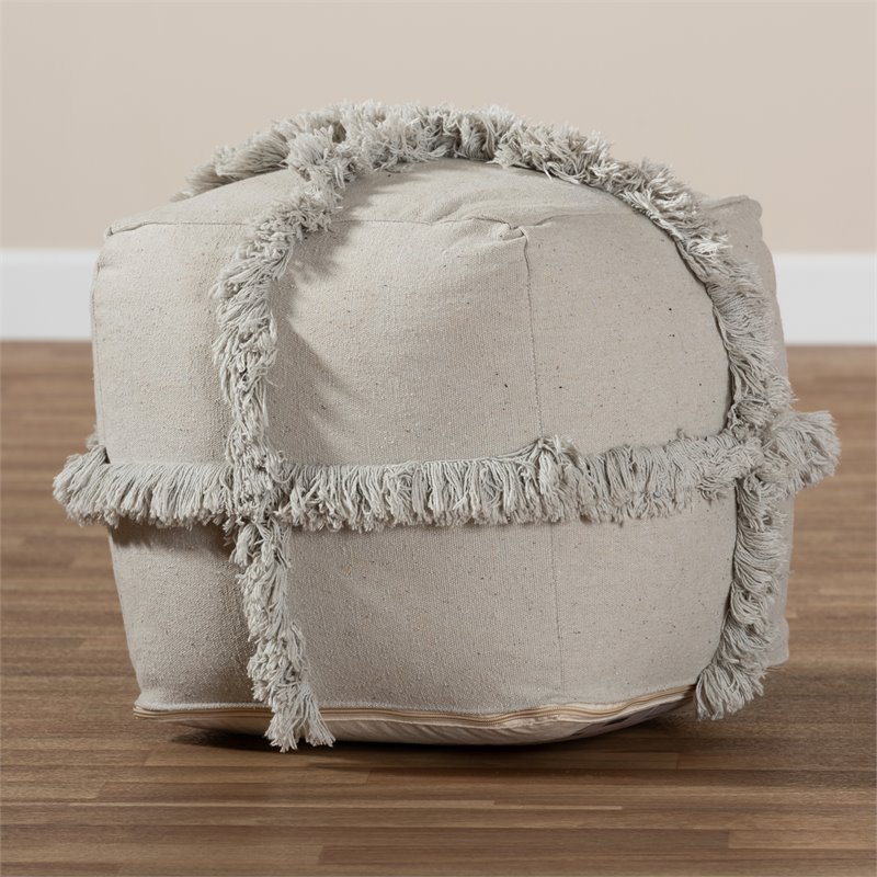 Baxton Studio Alfro Grey Handwoven Cotton Fringe Pouf Ottoman