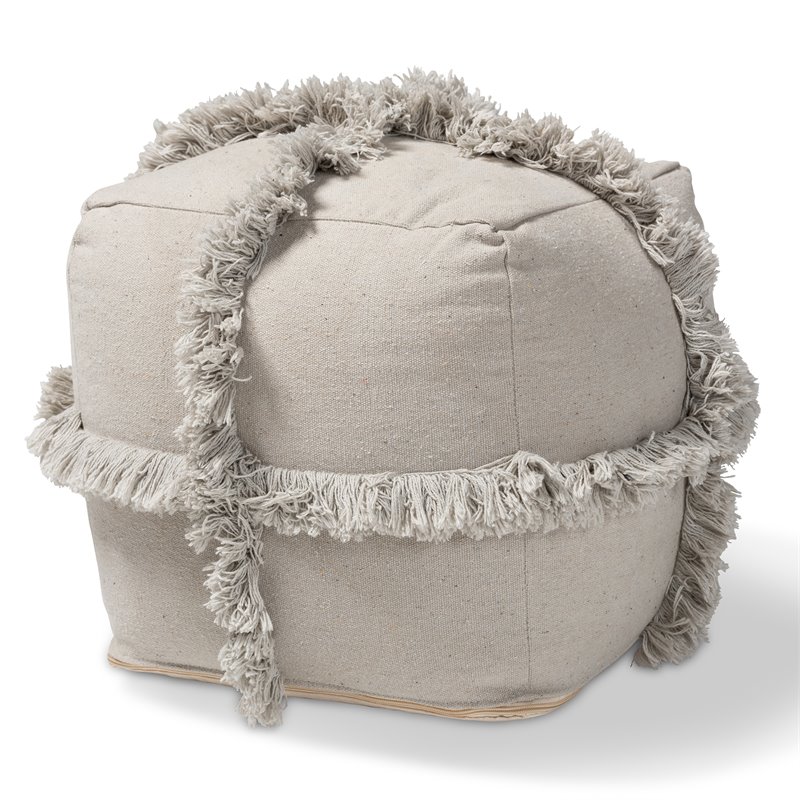 Baxton Studio Alfro Grey Handwoven Cotton Fringe Pouf Ottoman