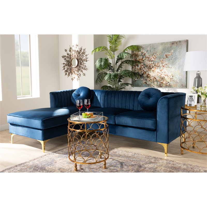 Baxton Studio Giselle Navy Blue Velvet Gold Finished Sectional Sofa