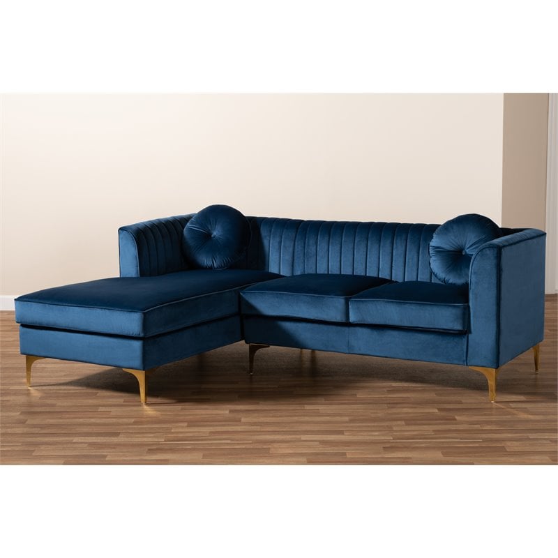 Baxton Studio Gie Navy Blue Velvet Gold Finished Sectional Sofa