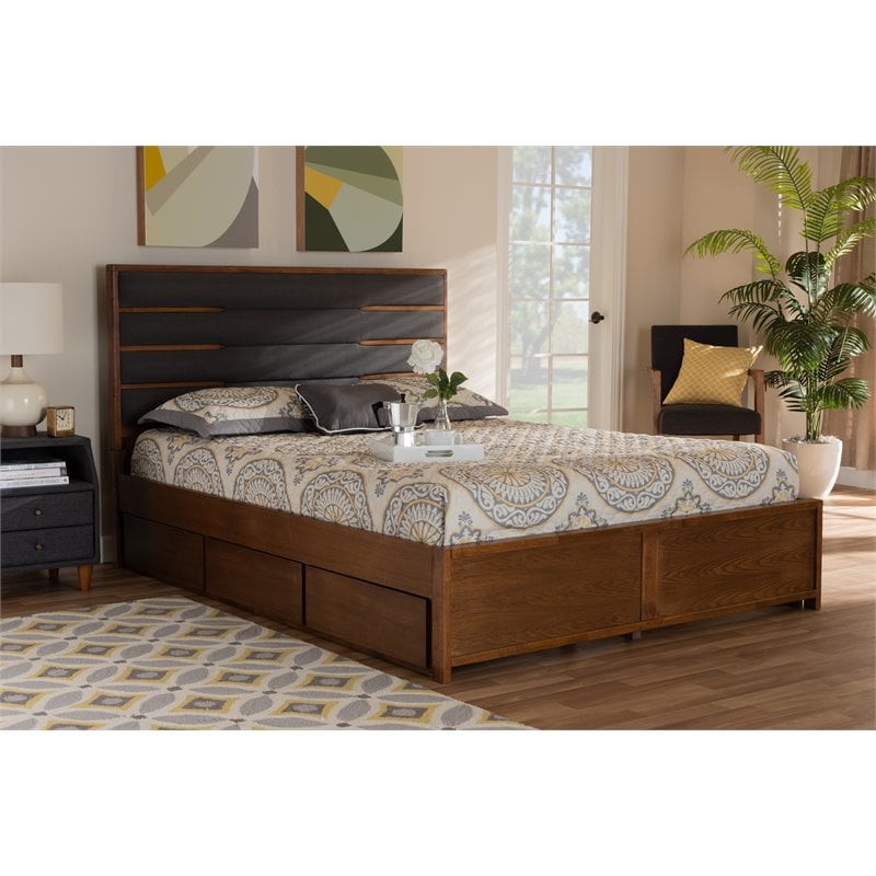 Baxton Studio Elin Queen Dark Gray Upholstered Brown Platform Bed
