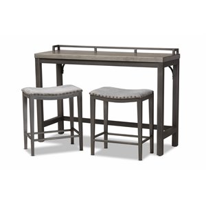 baxton studio noll gray upholstered 3-piece metal counter table set