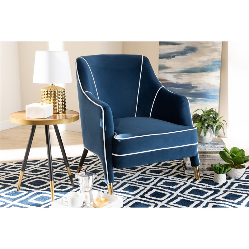Baxton Studio Ainslie Navy Blue Velvet Gold Finished Armchair