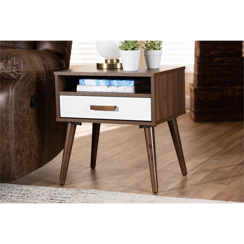 Baxton Studio Quinn White and Brown Finished 1-Drawer Wood End Table
